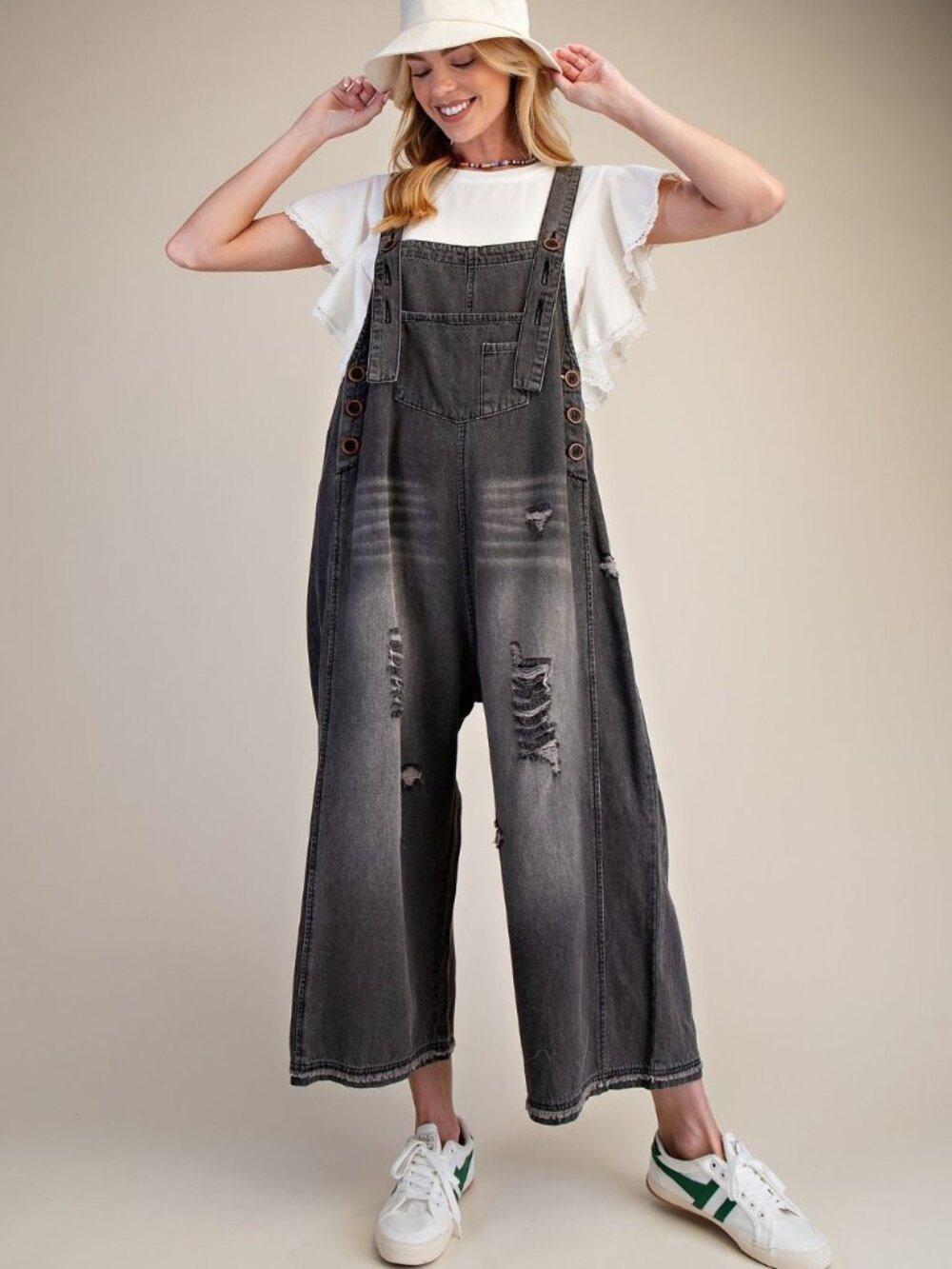 THREE BIRD NEST WASHED DENIM LOOSE FIT OVERALLS 95% COTTON 5% VISCOSE